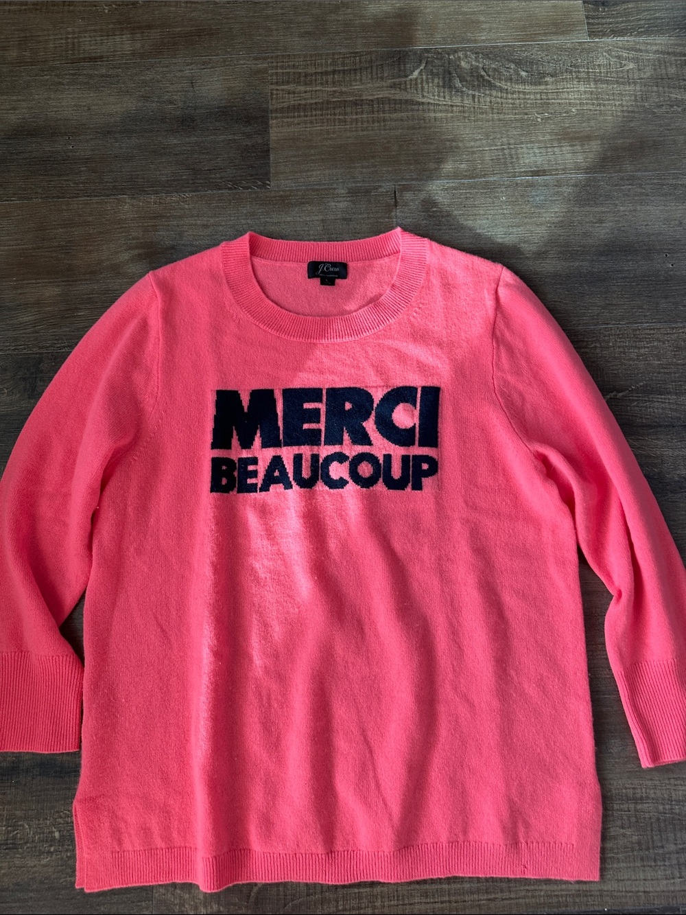 J. Crew Sweater with Navy MERCI BEAUCOUP Logo